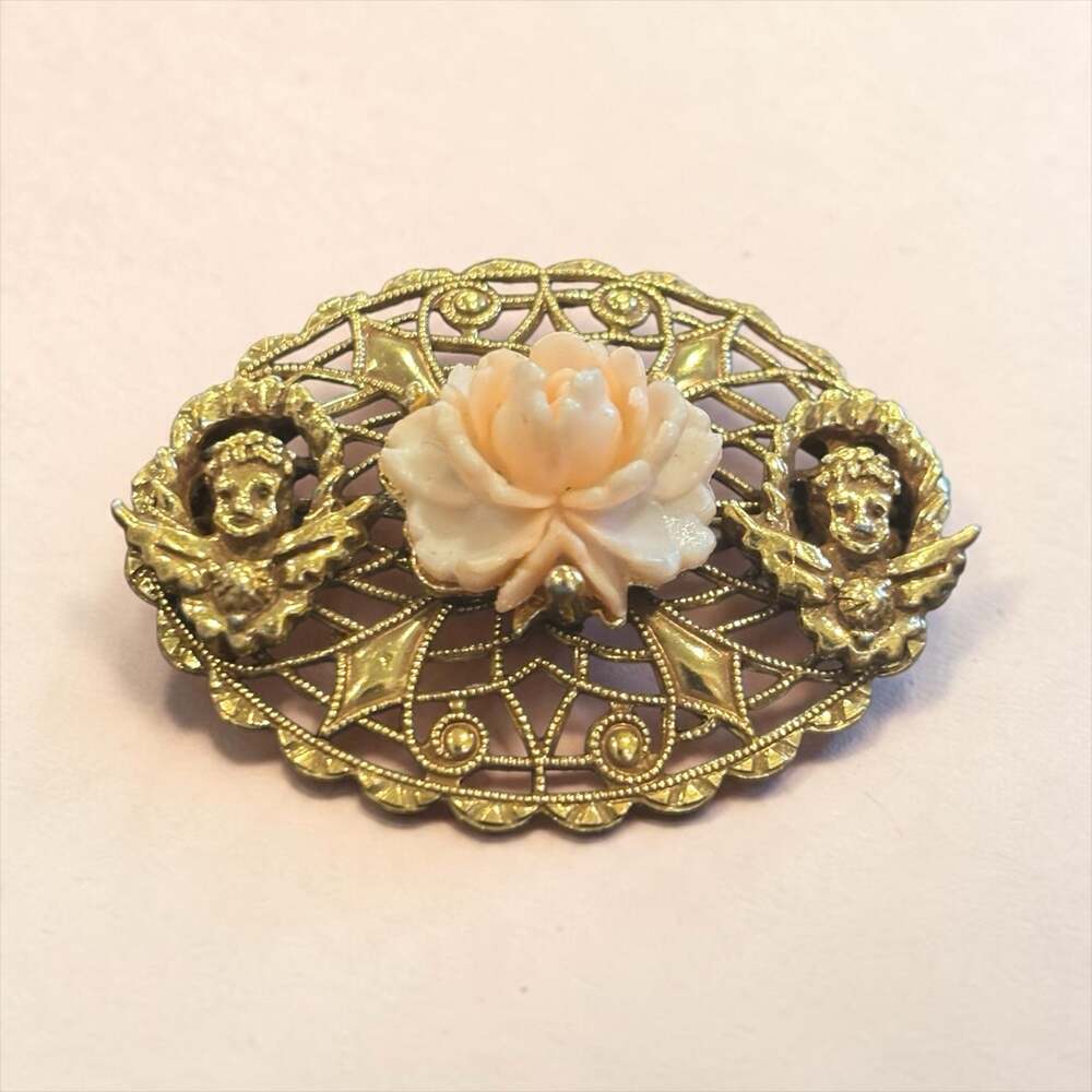 Peach Rose Cherub Brooch Romantic Gold Filigree Victorian Style 1928 Jewelry